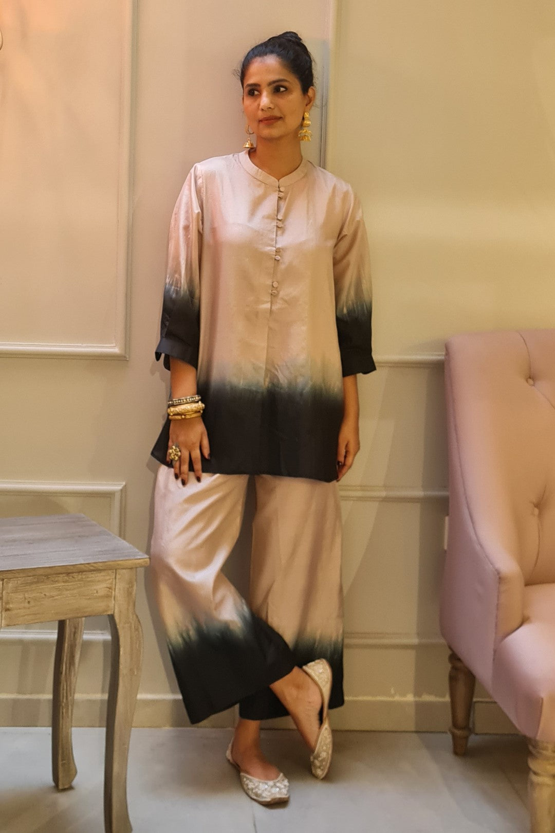 BEIGE AND BLACK OMBRE HANDWOVEN SILK SHORT KURTA WITH BOX PLEAT AND PA SHIVANI BHARGAVA