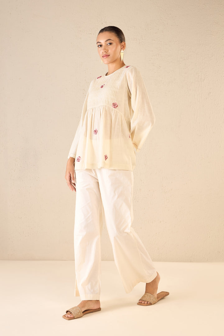 WHISPERING ROSES: IVORY HANDLOOM COTTON PINTUCK TUNIC CO-ORD SET