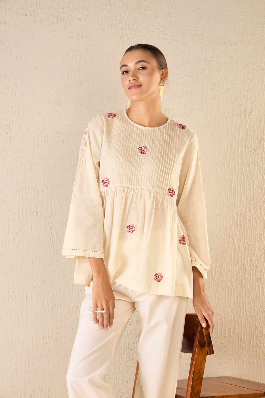 WHISPERING ROSES: IVORY HANDLOOM COTTON PINTUCK TUNIC