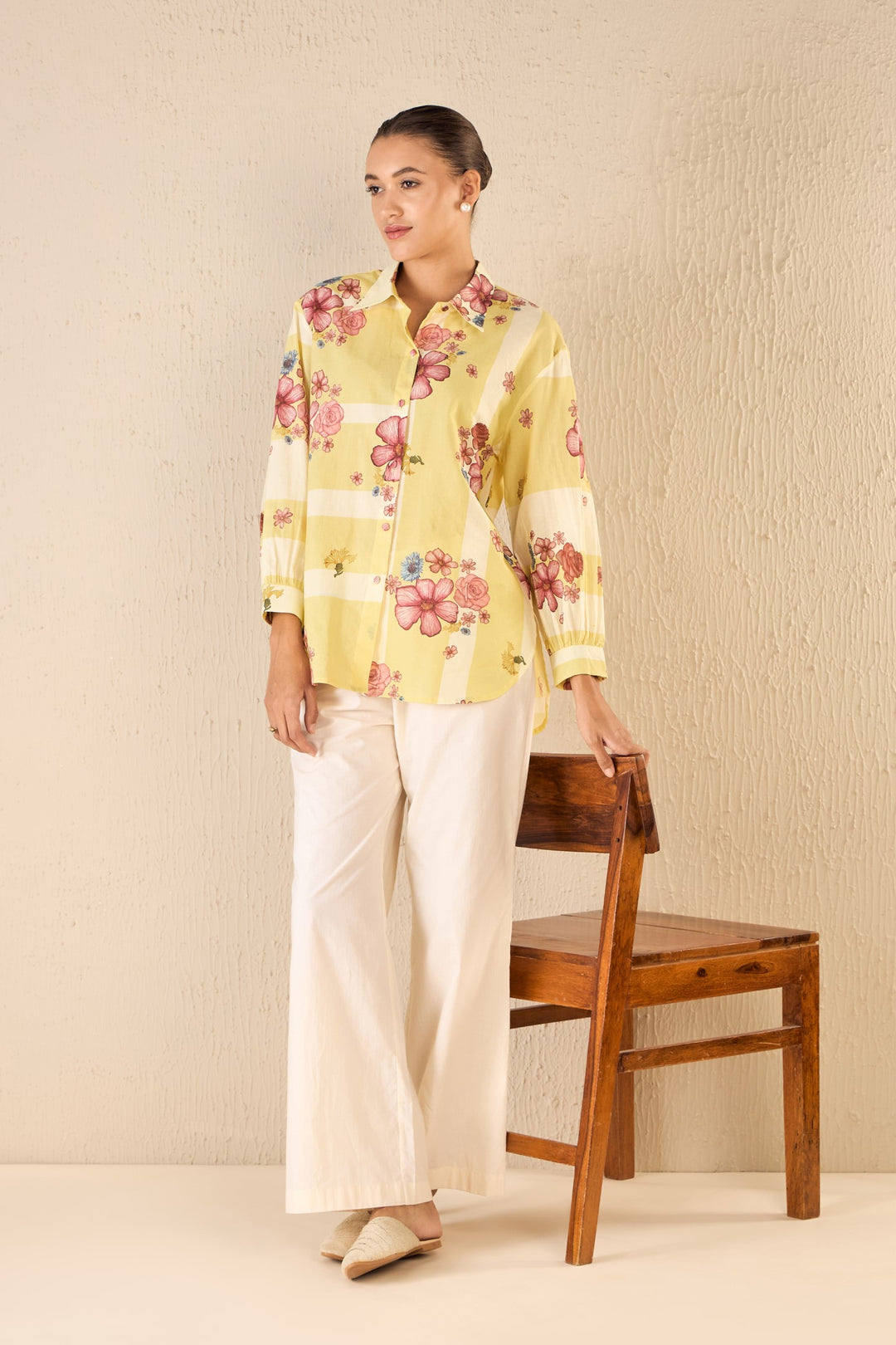 FLORAL FUSION: YELLOW & WHITE STRIPE FLORAL SHIRT WITH IVORY FLAIR PANTS