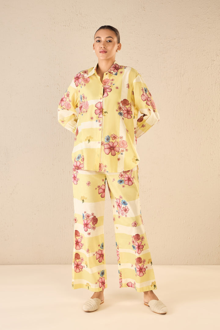 FLORAL FUSION: YELLOW & WHITE STRIPE FLORAL SHIRT CO-ORD SET