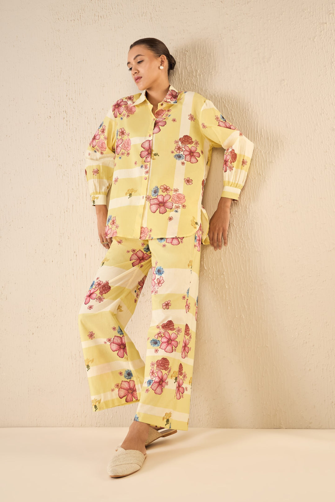 FLORAL FUSION: YELLOW & WHITE STRIPE FLORAL SHIRT CO-ORD SET