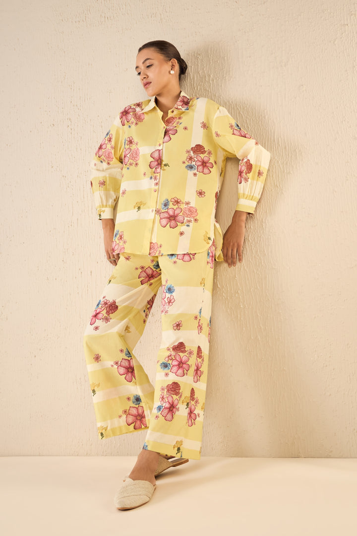 FLORAL FUSION: YELLOW & WHITE STRIPE FLORAL SHIRT CO-ORD SET