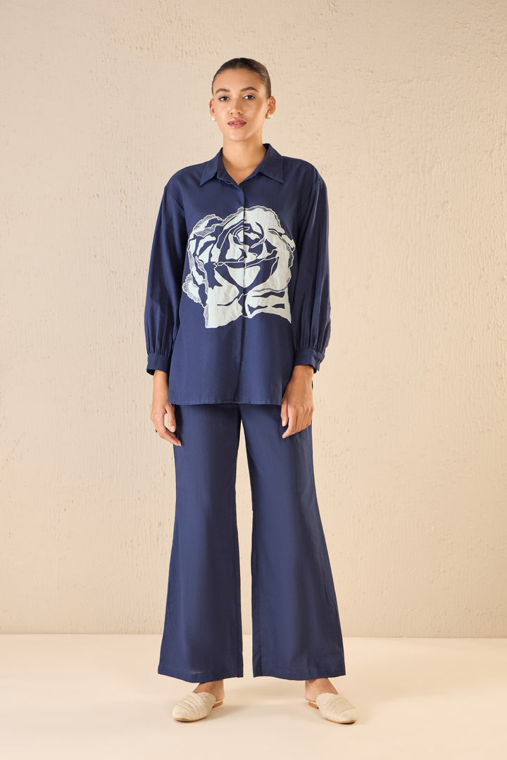 ROSE DREAM: INDIGO OVERSIZE COTTON SHIRT CO-ORD SET