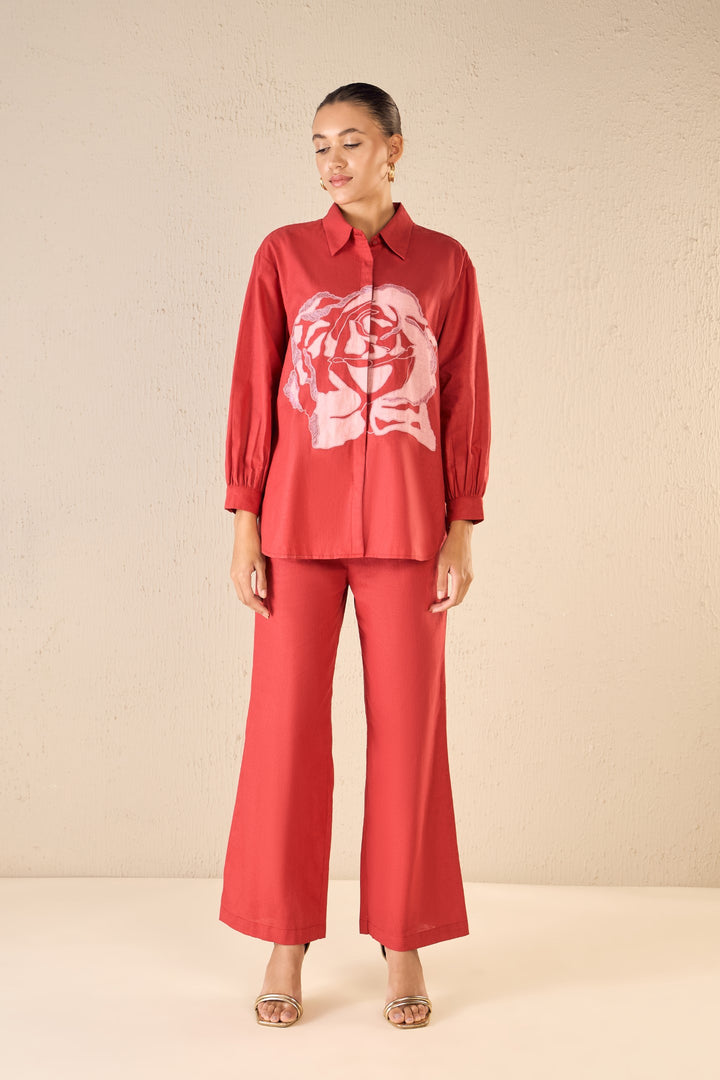 ROSE DREAM: RED OVERSIZE COTTON SHIRT CO-ORD SET