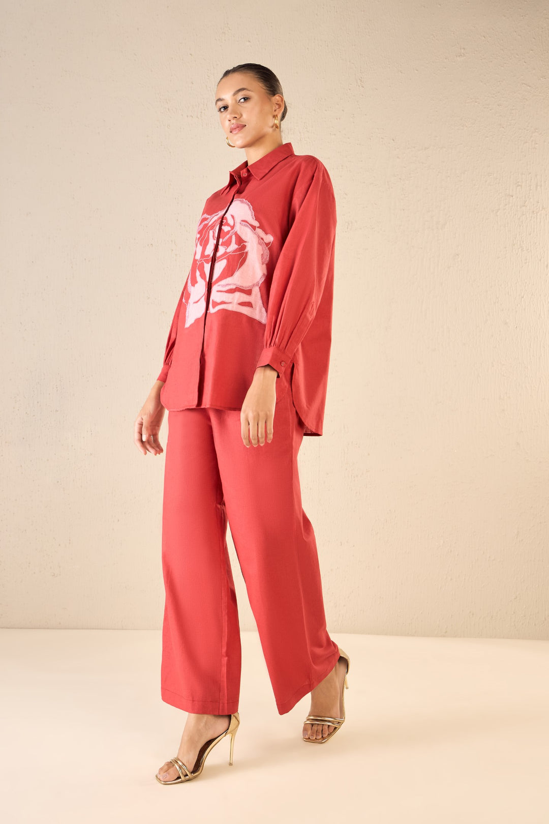 ROSE DREAM: RED OVERSIZE COTTON SHIRT CO-ORD SET