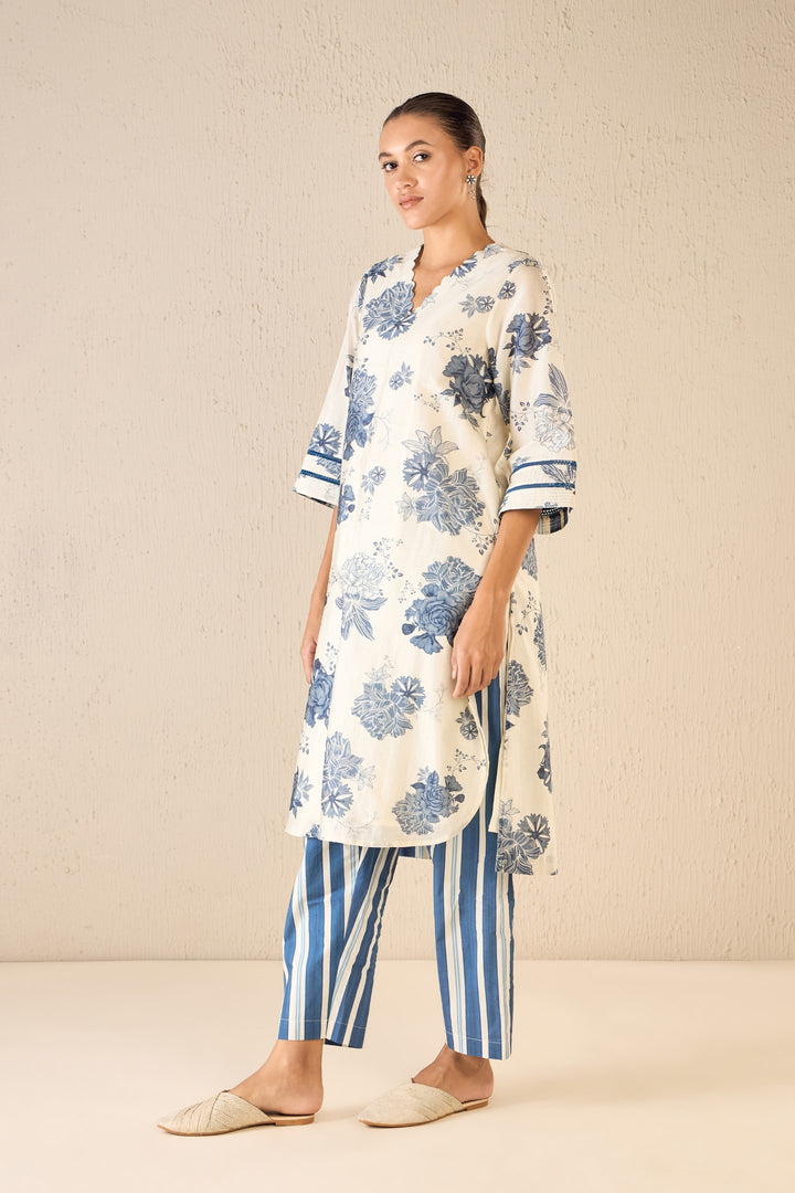 FLORAL FANTASY: BLUE FLORAL CHANDERI SCALLOP KURTA SET