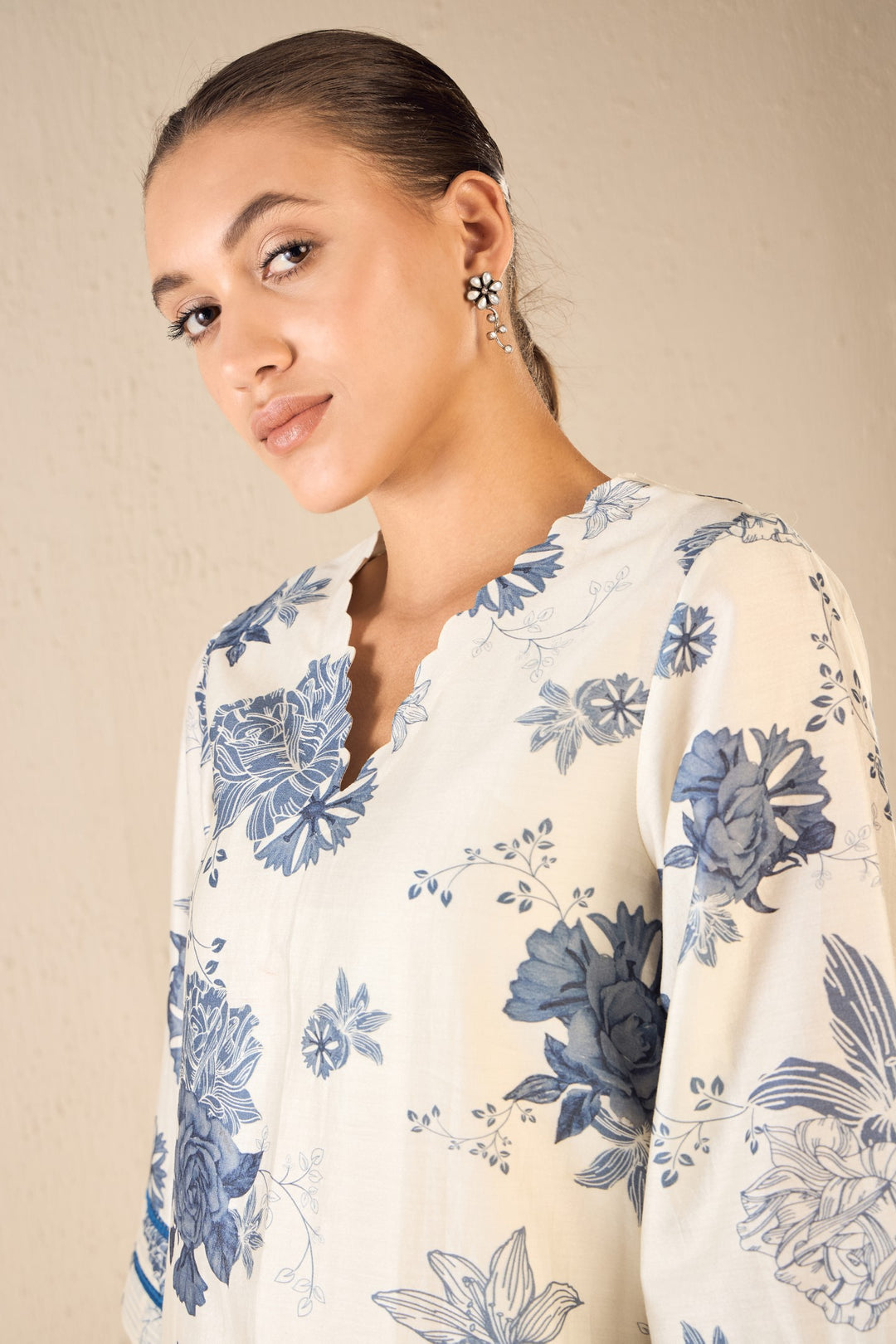 FLORAL FANTASY: BLUE FLORAL CHANDERI SCALLOP KURTA SET