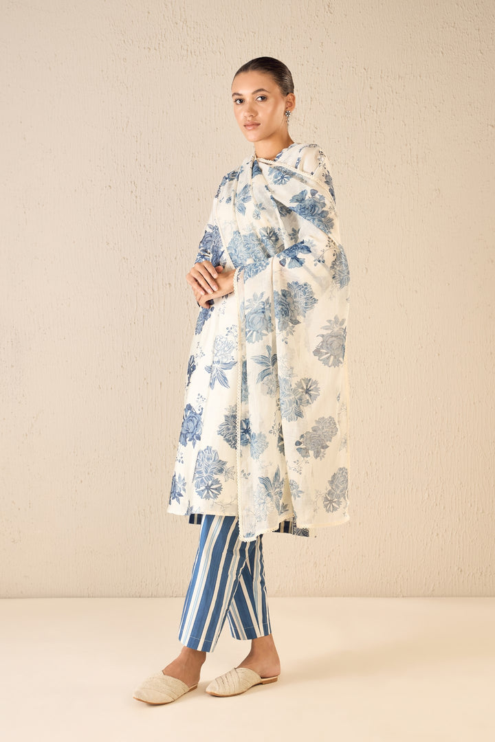 FLORAL FANTASY: BLUE FLORAL CHANDERI SCALLOP KURTA SET