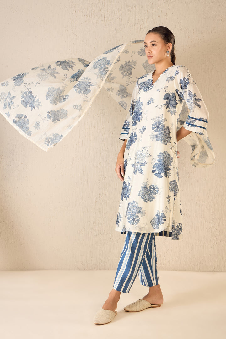 FLORAL FANTASY: BLUE FLORAL CHANDERI SCALLOP KURTA SET