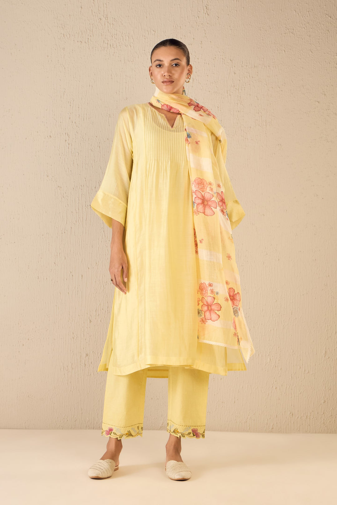 FLORAL CREAM: YELLOW PINTUCK CHOGA SET