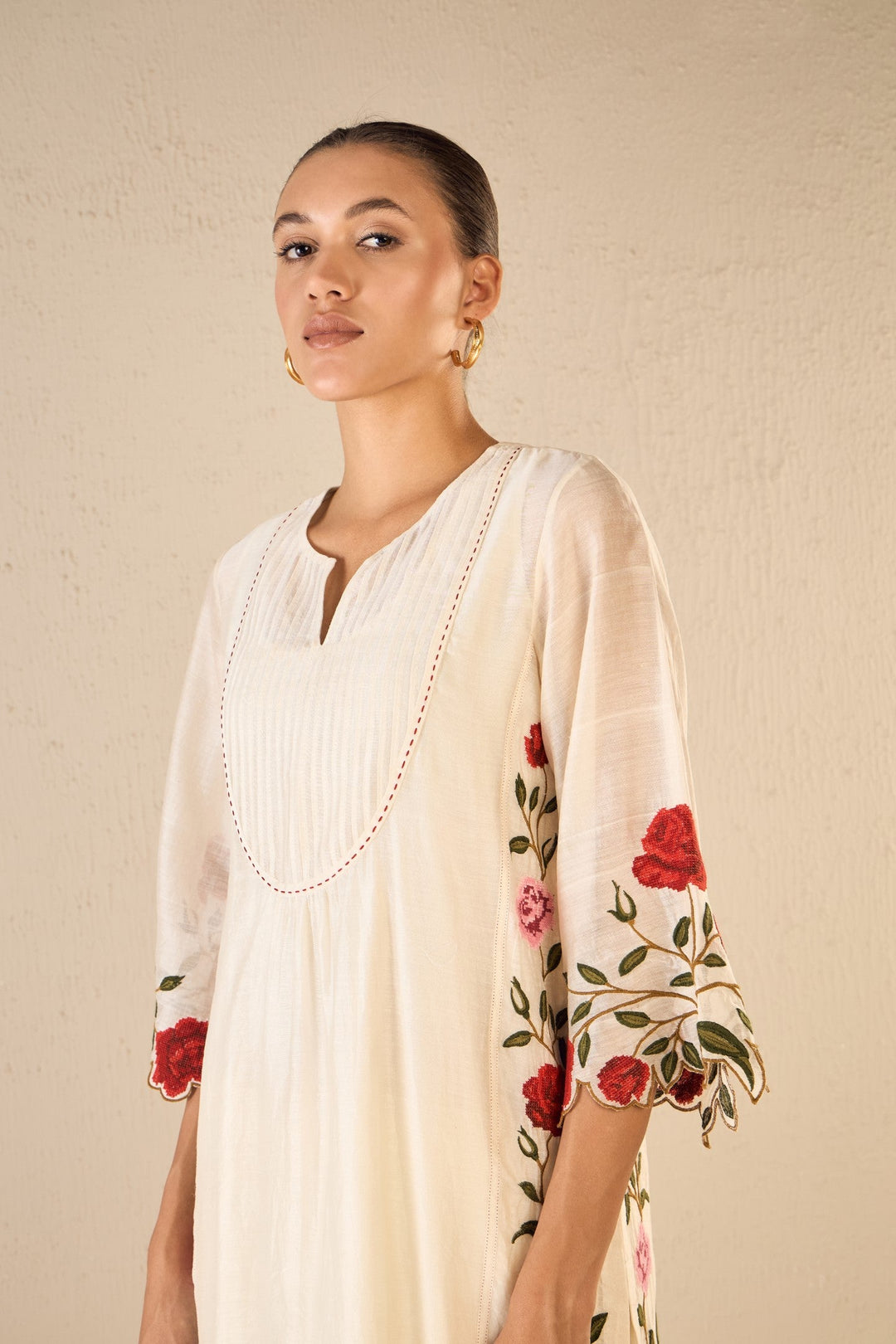 ROSE SHINE: IVORY PINK & RED ROSE EMBROIDERED KALI KURTA