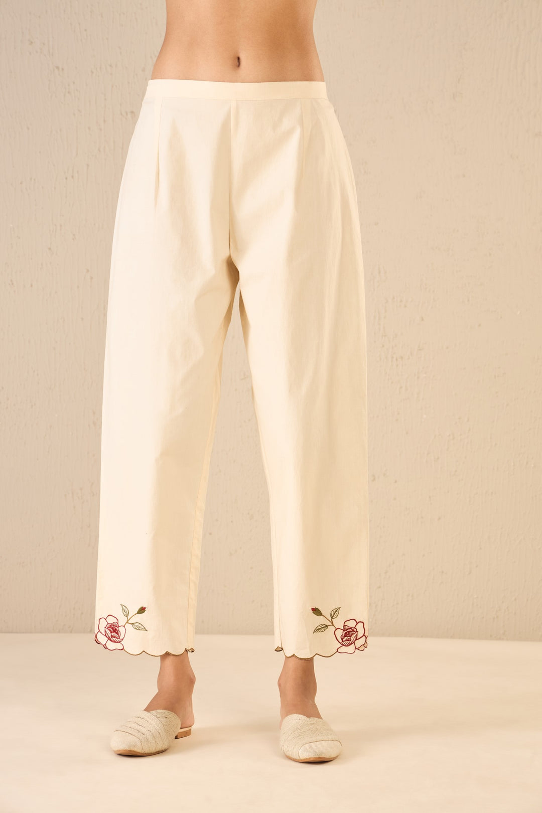 PETAL PATH: IVORY FLORAL EMBROIDERED SCALLOPED PANTS