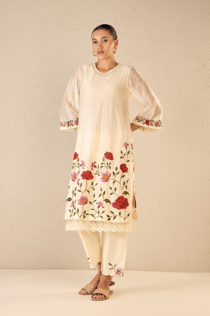 GARDENIA CHARM: IVORY FLORAL EMBROIDERY JAAL KURTA