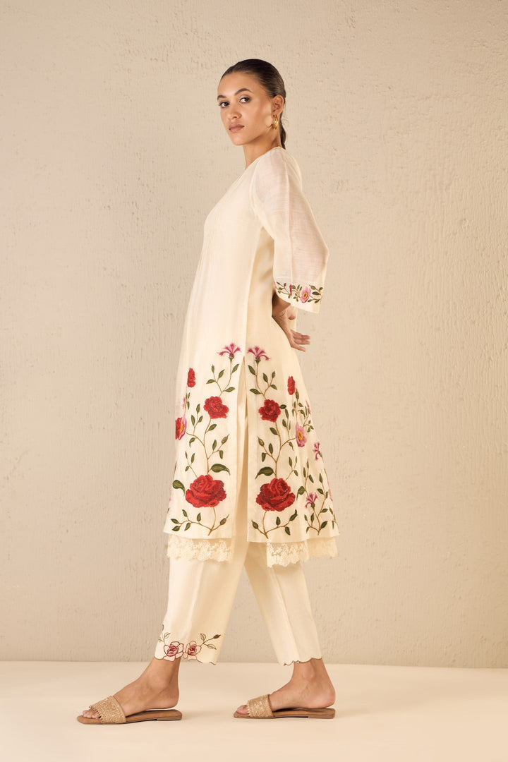 GARDENIA CHARM: IVORY FLORAL EMBROIDERY JAAL KURTA