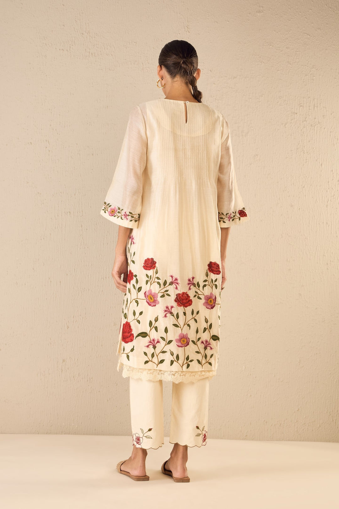 GARDENIA CHARM: IVORY FLORAL EMBROIDERY JAAL KURTA