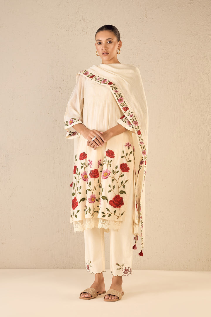 PETAL PATH: IVORY CHANERI ROSE EMBRIODERY BORDER DUPATTA