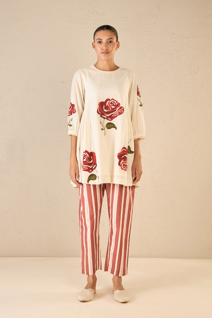 ROYAL ROSE: IVORY SIDE GATHER TUNIC WITH RED STRIPE PANTS