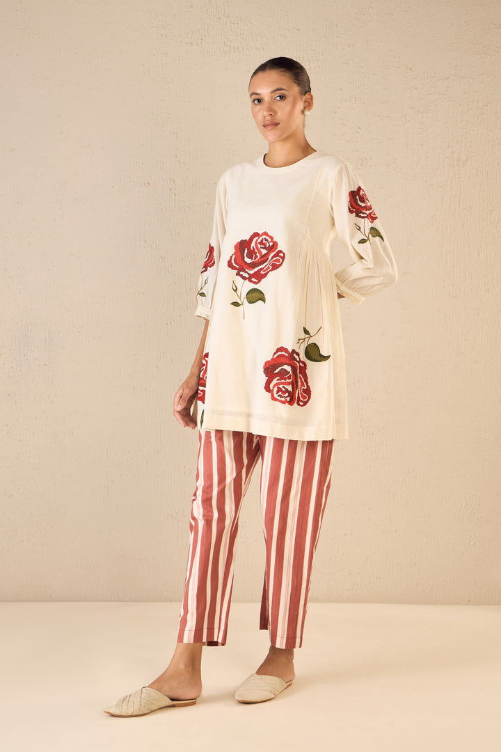 ROYAL ROSE: IVORY SIDE GATHER TUNIC WITH RED STRIPE PANTS