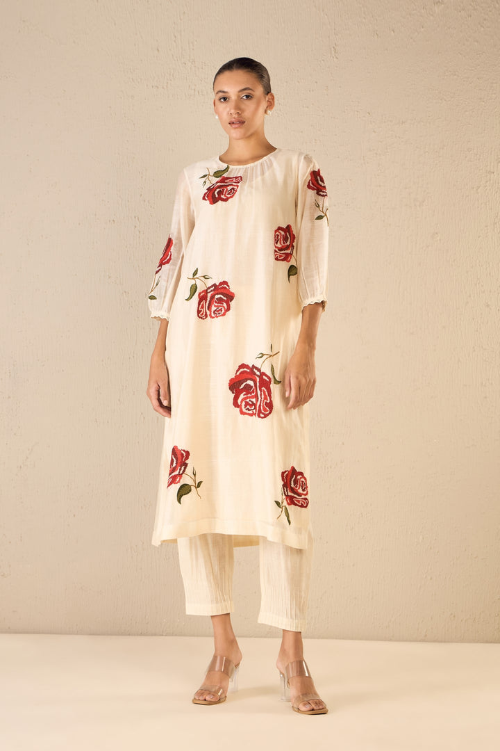 ROYAL ROSE: IVORY CHANDERI RED EMBROIDERY ROSE KURTA WITH IVORY PINTUCK PANTS