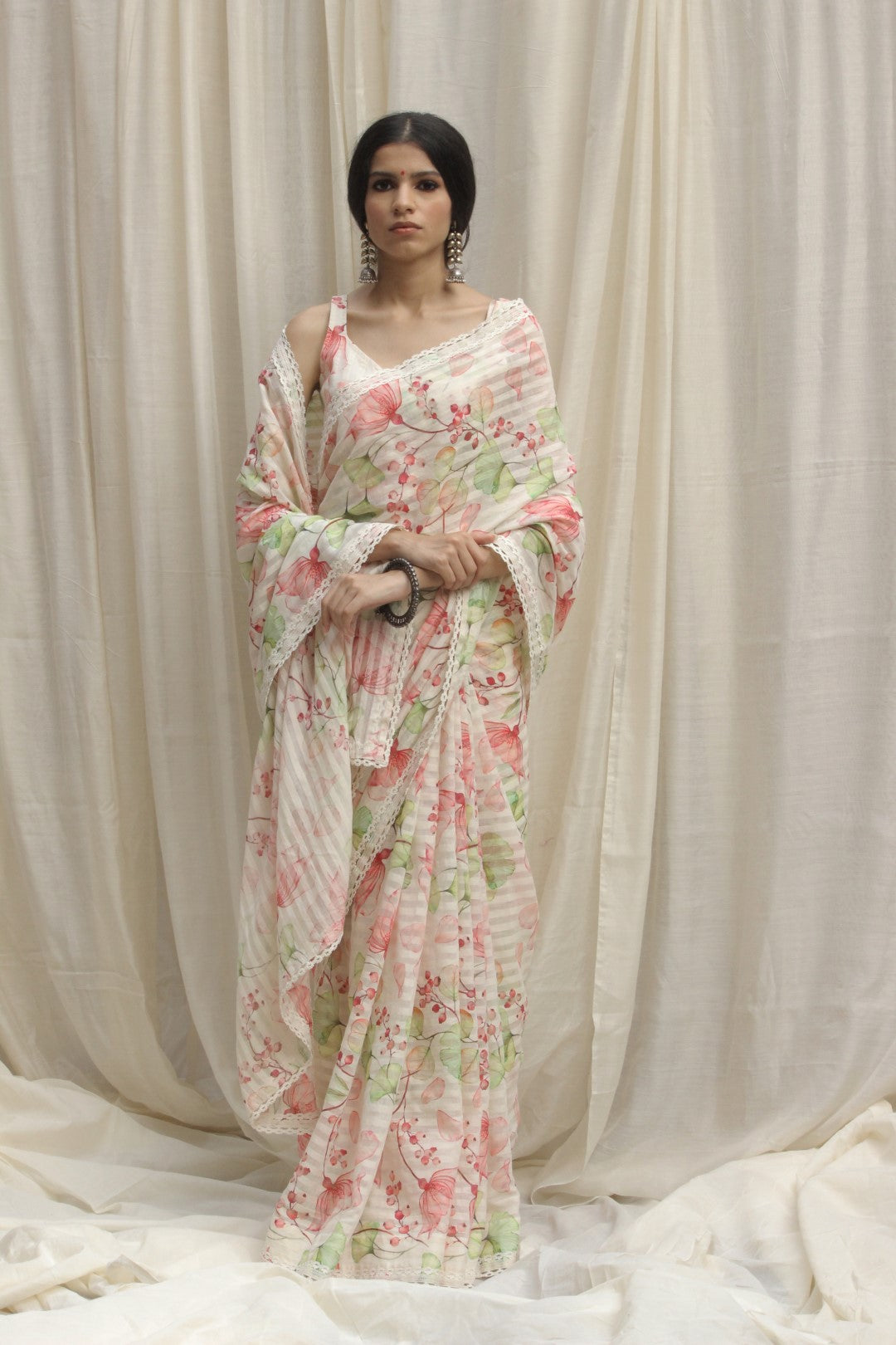 IVORY MANGNOLIA FLORAL HANDWOVEN STRIPE CHANDERI SAREE