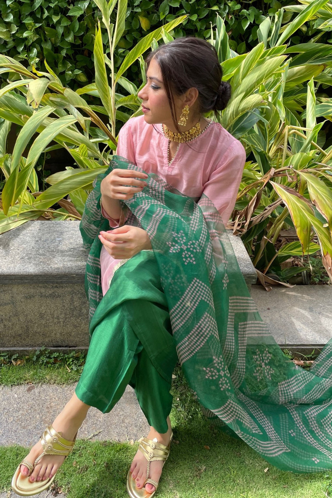 BABY PINK AND EMERALD GREEN CHANDERI KURTA WITH CHEVRON BANDHANI DUPATTA SET OF 3