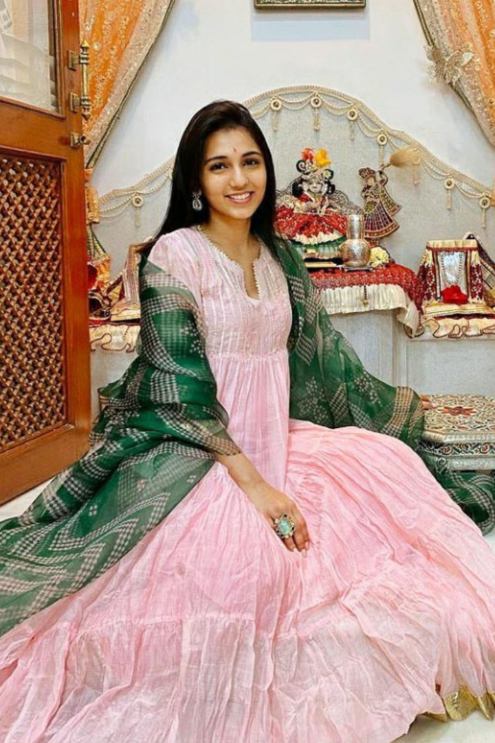 BABY PINK CHANDERI WITH GOTA DETAILING PADMANI ANARKALI WITH PANT AND DUPATTA