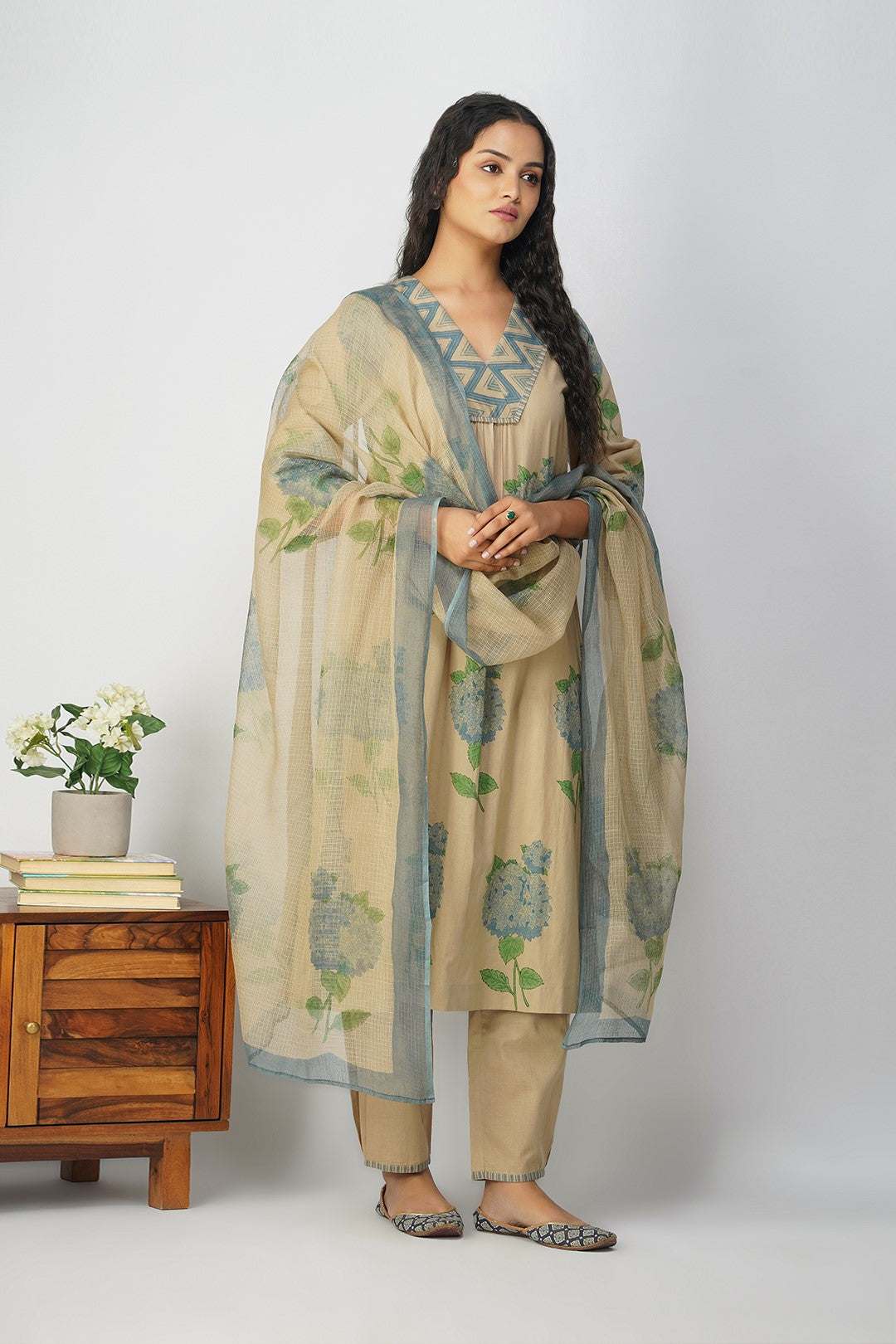 Blue Hydrangea Block Print Dupatta