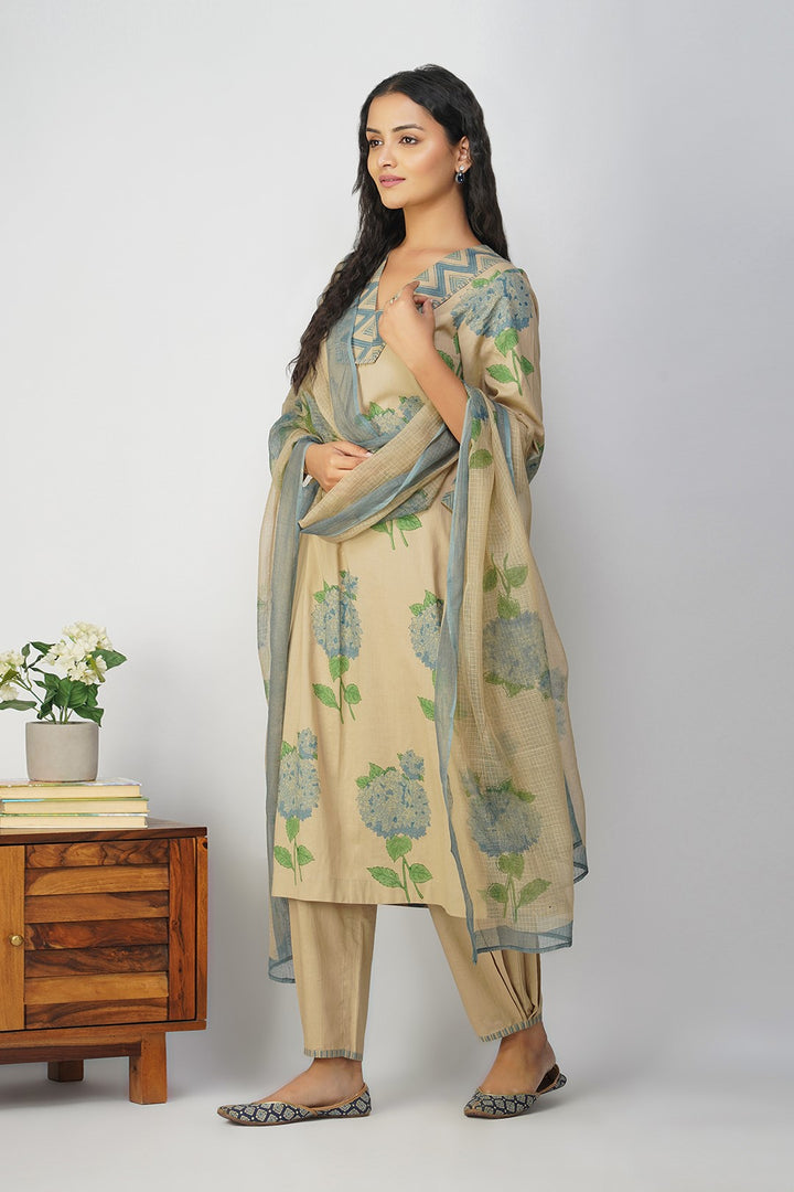 Blue Hydrangea Block Print Dupatta