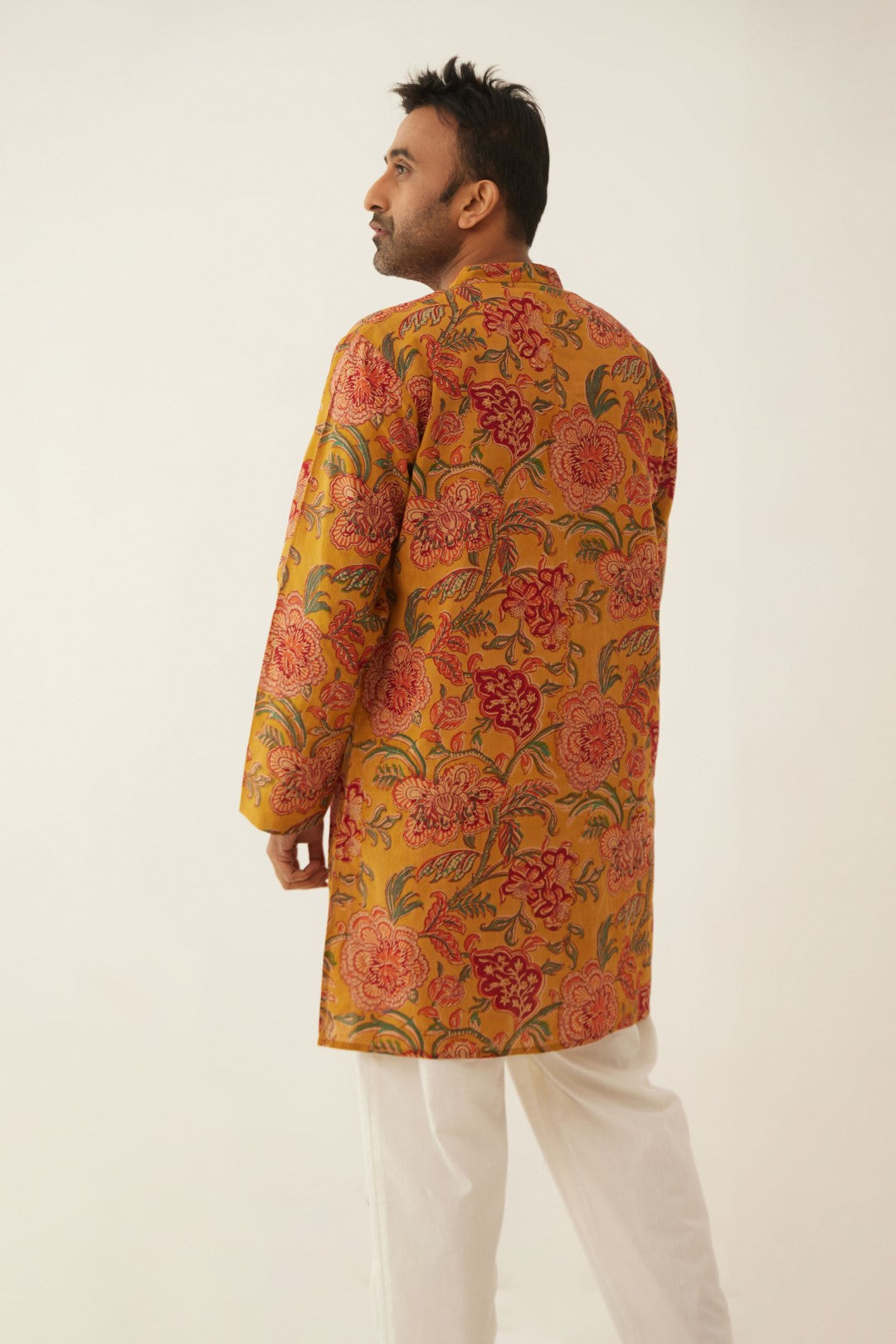 BURNT ORANGE FLORAL CHINTZ MEN SHORT KURTA