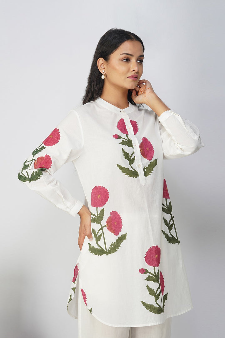 White Tunic with Red floral print and Lace Pants