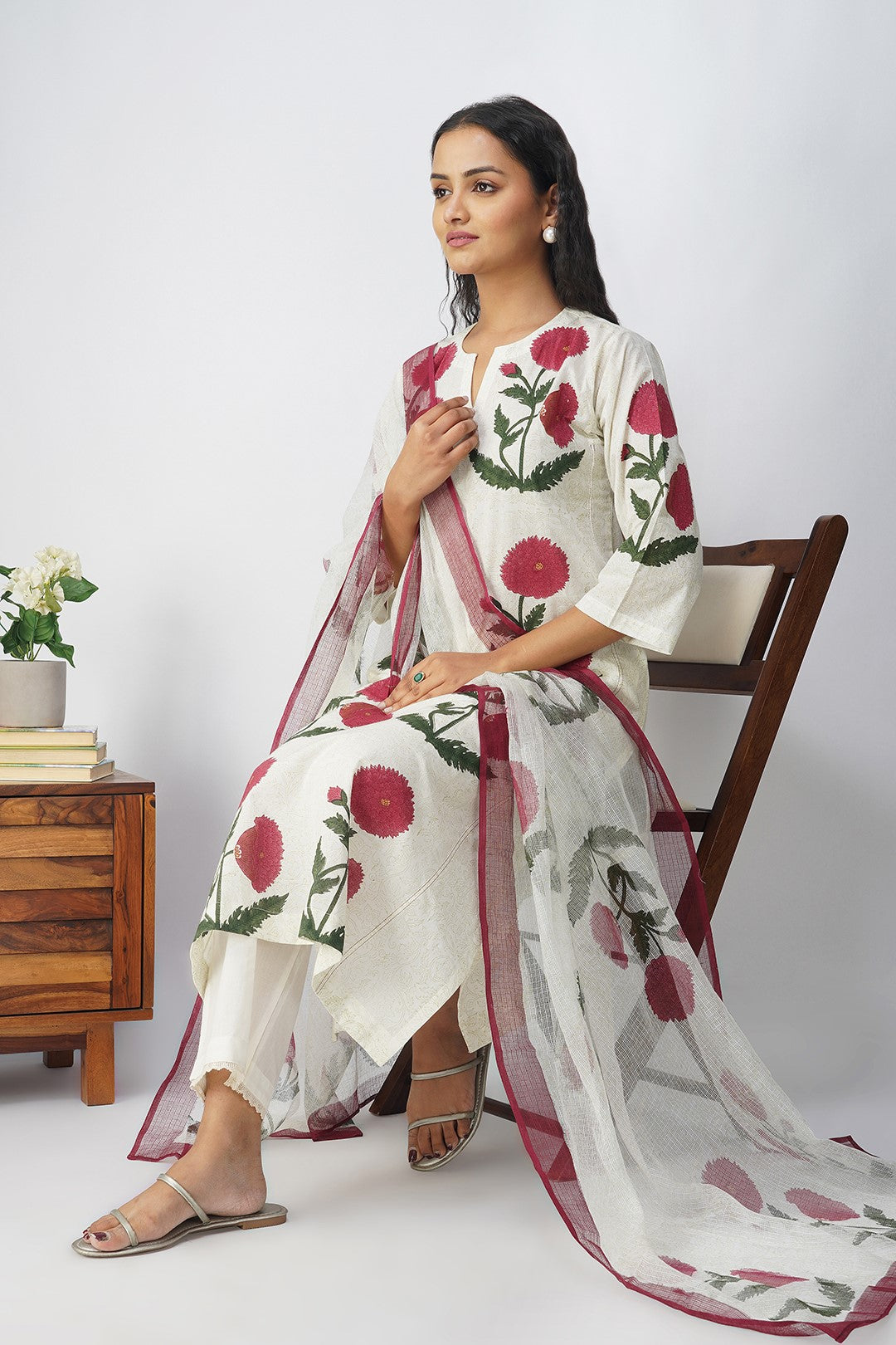 White Floral Block Print Dupatta