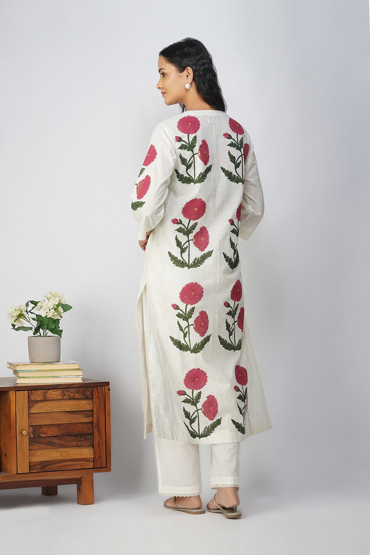 White Floral Block Printed Kali Kurta