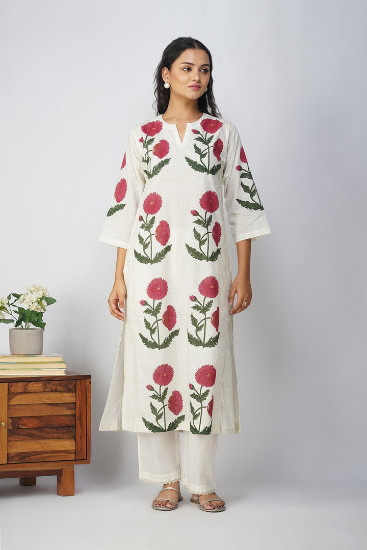 White Floral Block Printed Kali Kurta