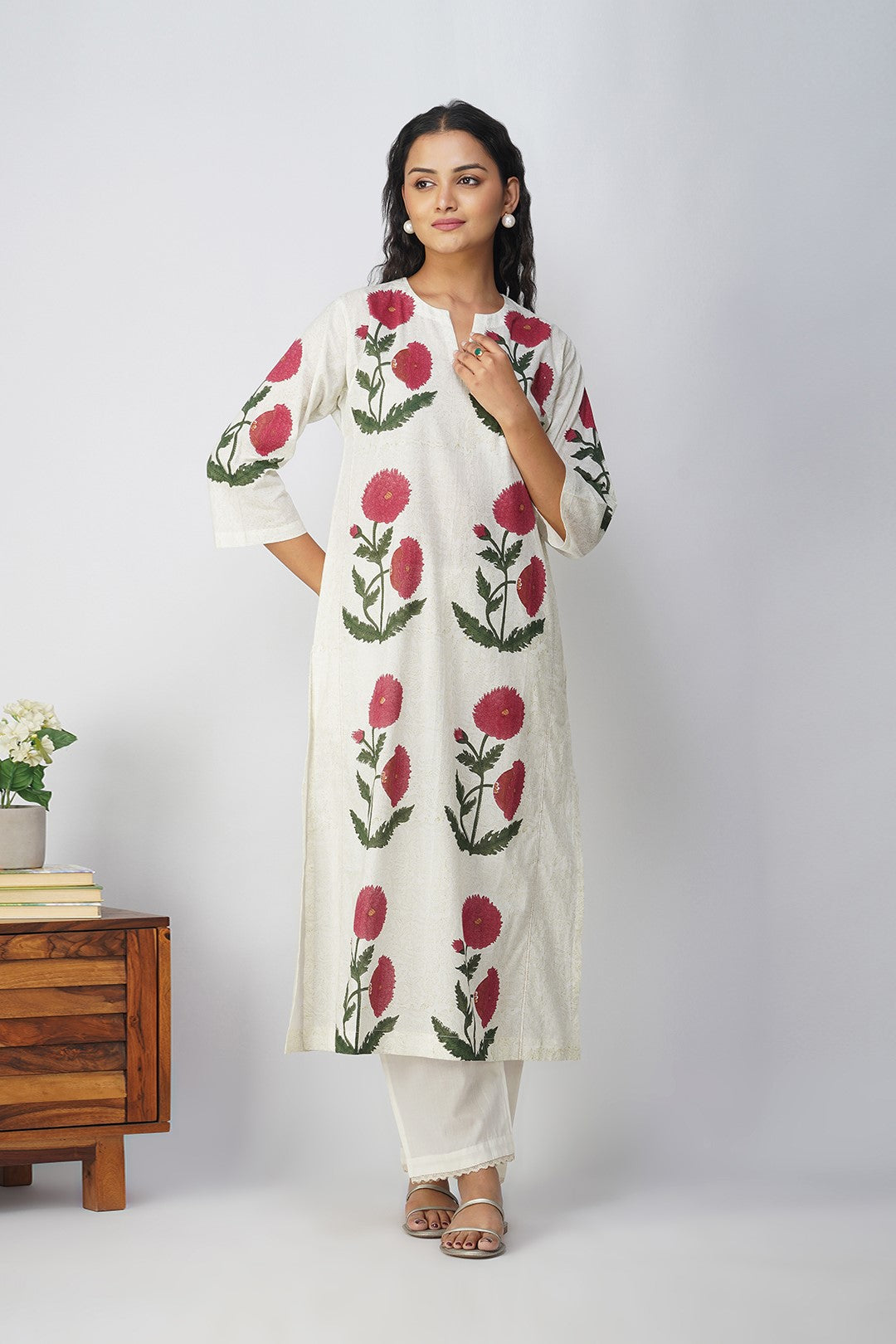 White Floral Block Printed Kali Kurta