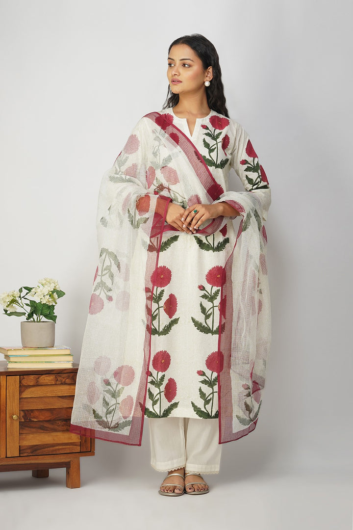 White Floral Block Print Dupatta