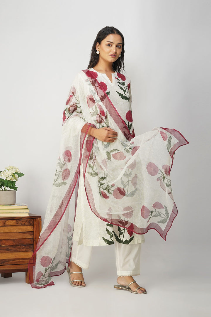 White Floral Block Print Dupatta