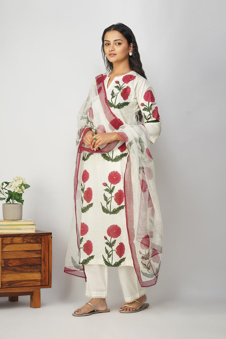 White Floral Block Print Dupatta