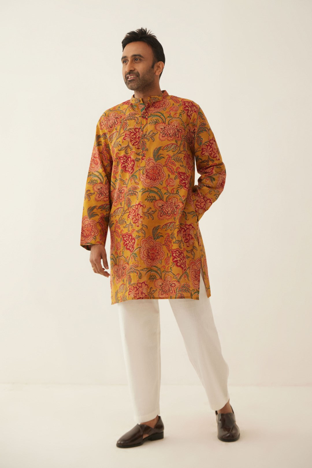 BURNT ORANGE FLORAL CHINTZ MEN SHORT KURTA