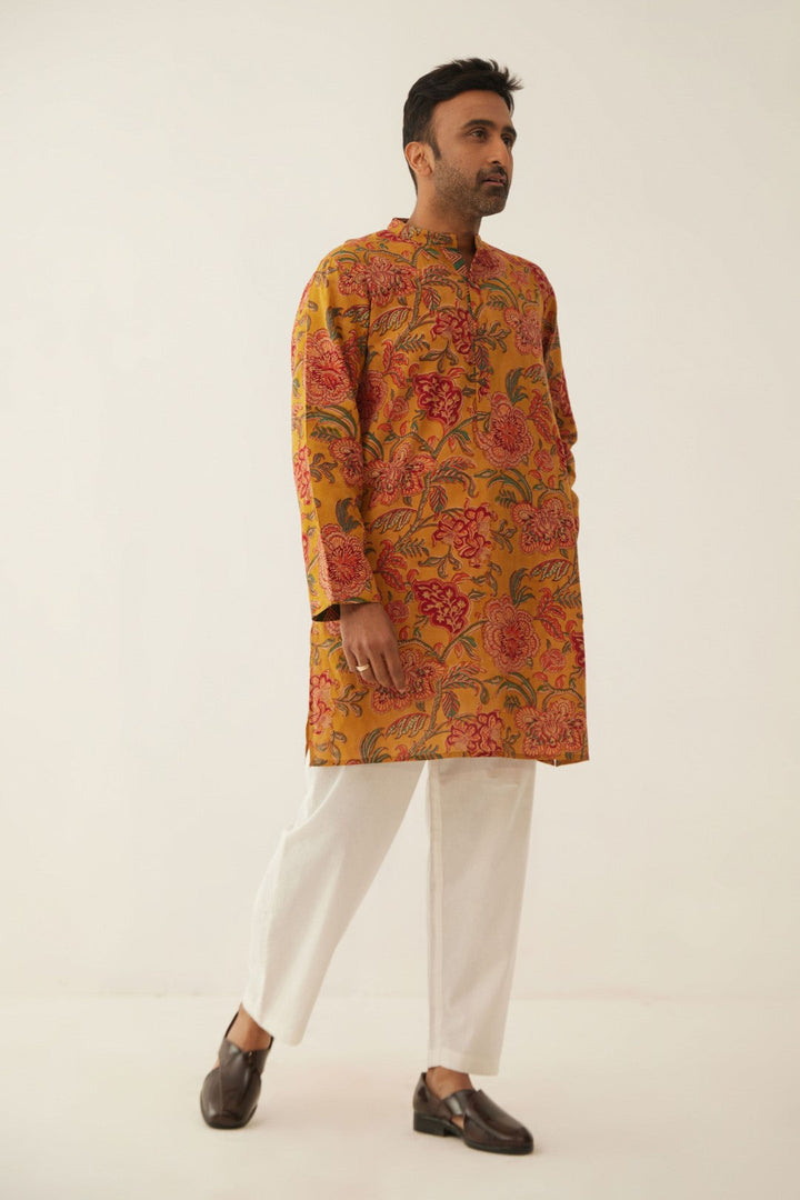 BURNT ORANGE FLORAL CHINTZ MEN SHORT KURTA