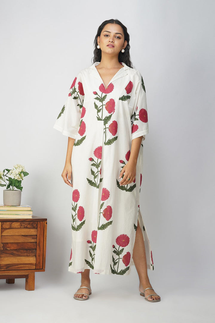 White Kaftan with Pink Floral Print