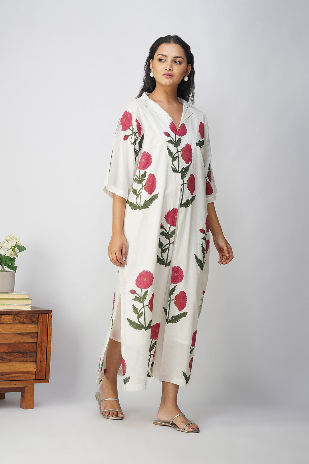 White Kaftan with Pink Floral Print