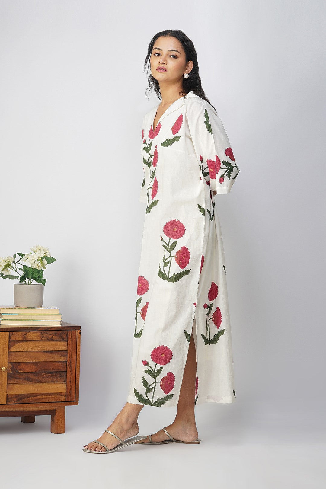 White Kaftan with Pink Floral Print