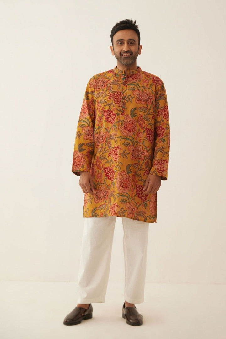 BURNT ORANGE FLORAL CHINTZ MEN SHORT KURTA