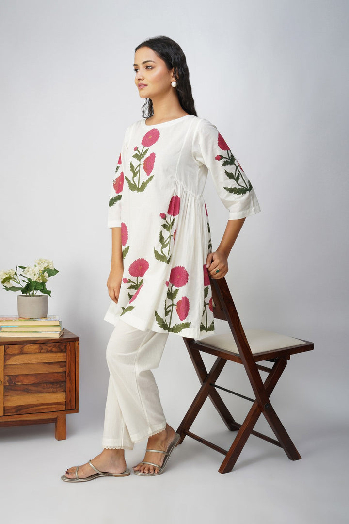 White Side Gather tunic with Pink Floral Print