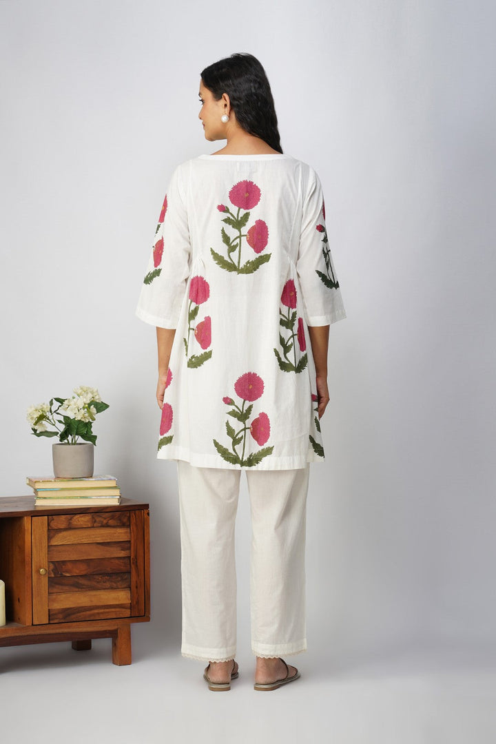 White Side Gather tunic with Pink Floral Print