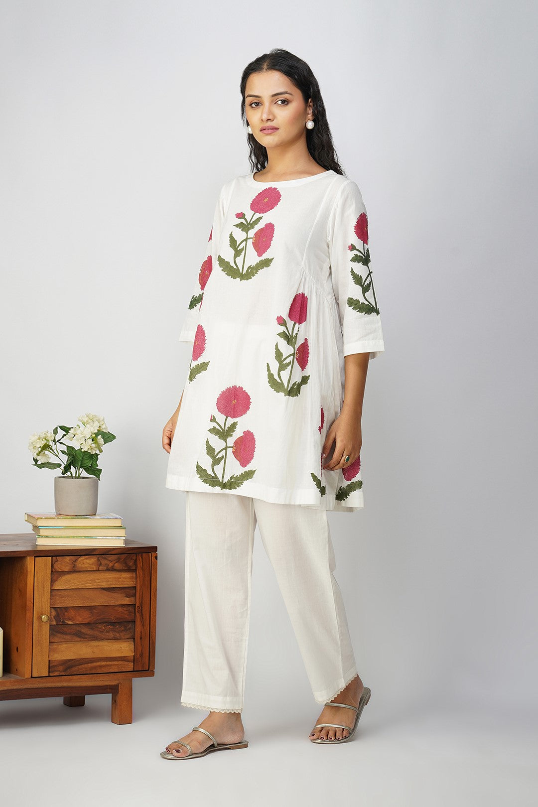 White Side Gather tunic with Pink Floral Print