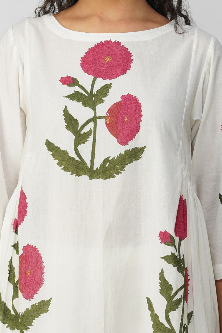 White Side Gather tunic with Pink Floral Print