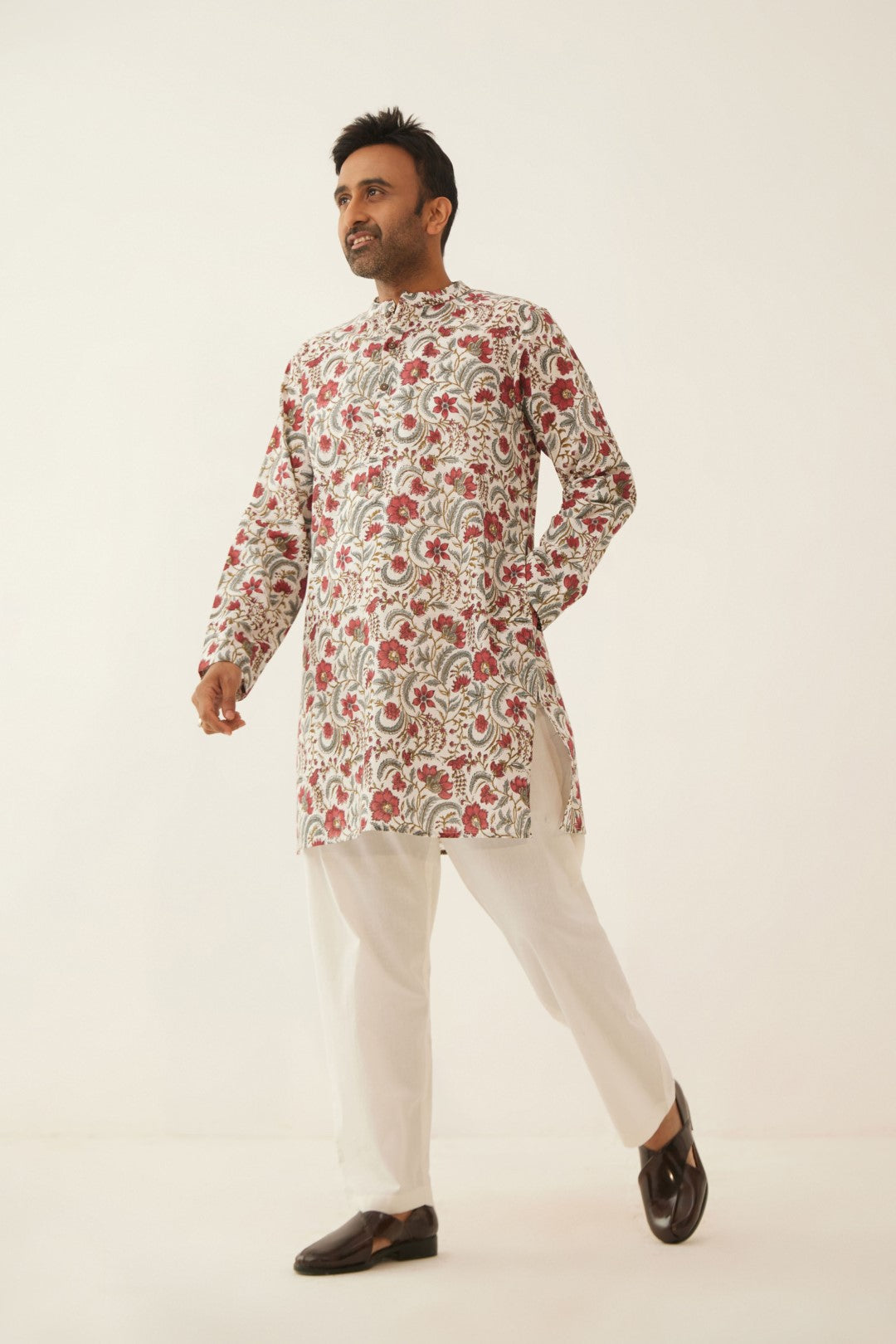 IVORY FLORAL CHINTZ MEN SHORT KURTA