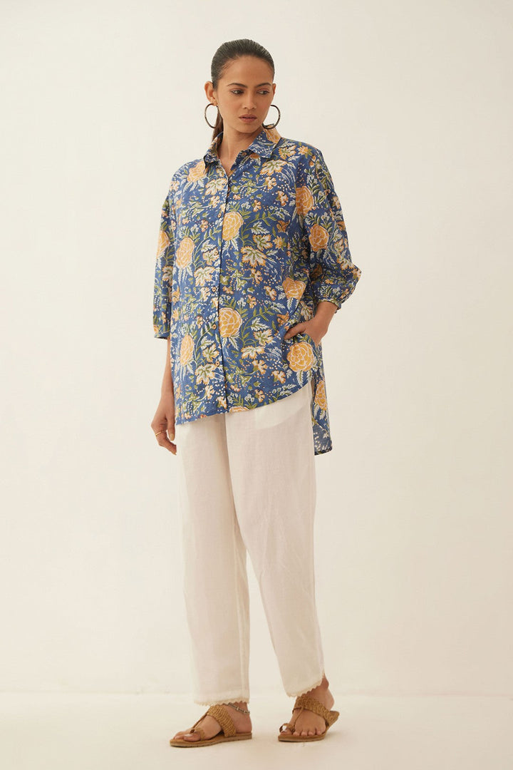 BLUE FLORAL CHINTZ COTTON SHIRT